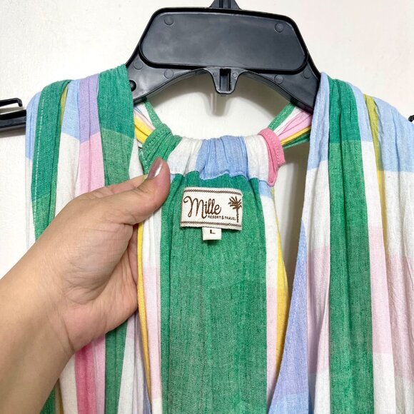 New Mille Marilyn Belted Sleeveless Cotton Midi Dress in Pastel Colors Plaid L - Picture 14 of 14